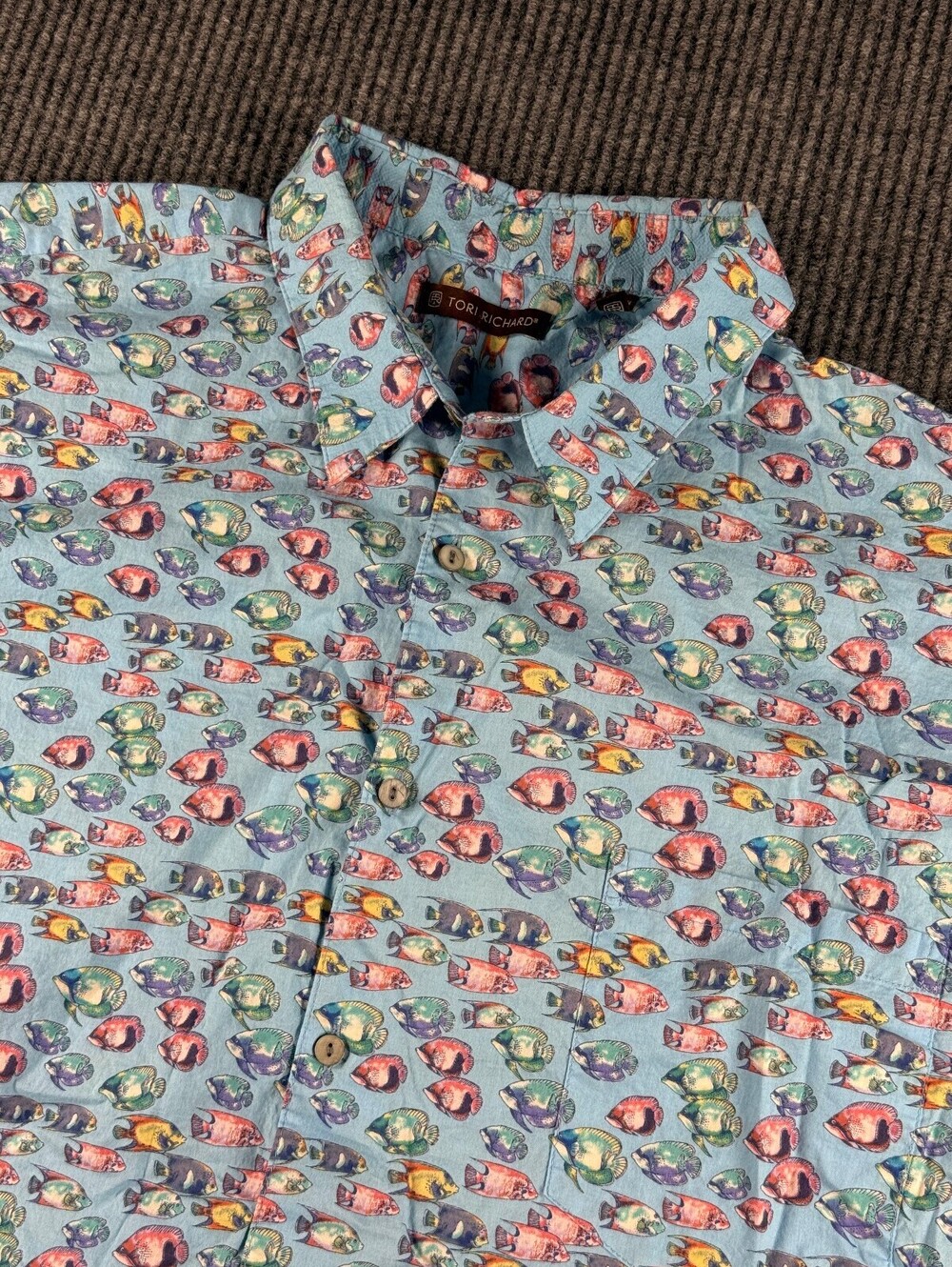 Tori Richards Button Up Mens 3XL Short Sleeve Light Blue Fish Print Vacation
